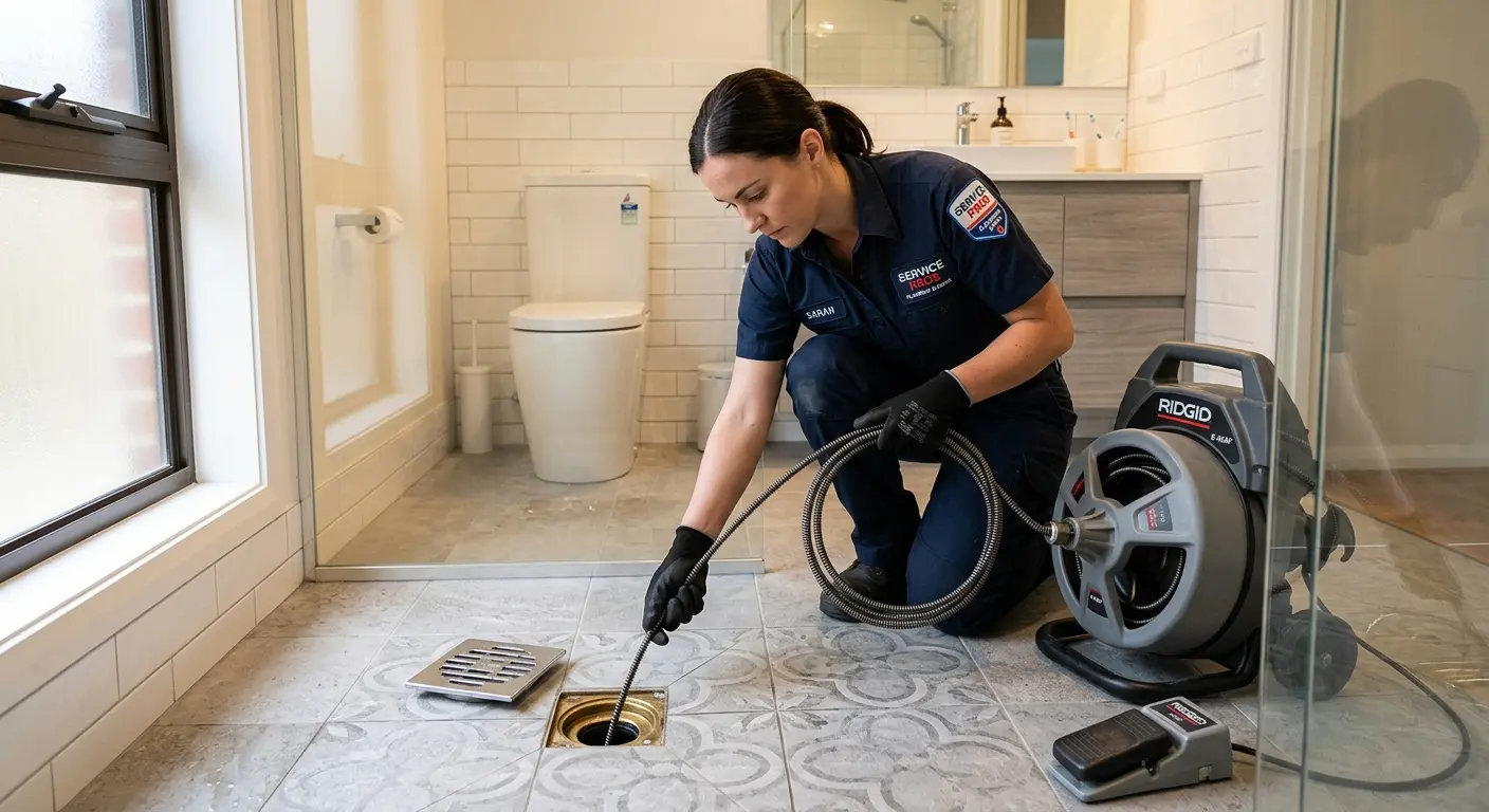 Technician clearing a bathroom floor drain for Sewer Line Installation in Mount Pleasant